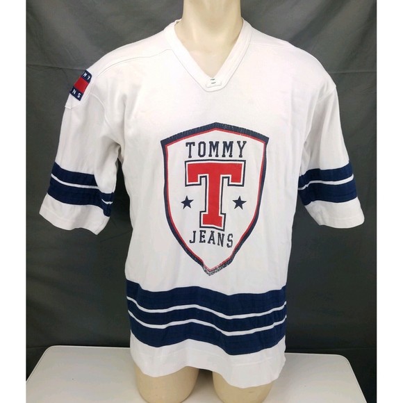 Vintage Tommy Hilfiger Hockey Jersey Big Logo Spell Out Oversized Shirt Sz Small